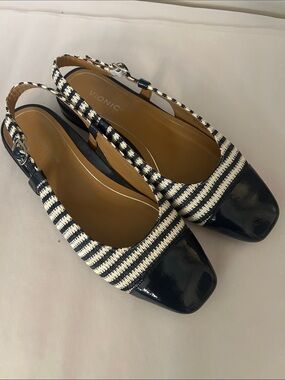 Vionic Navy and White Striped Slingback Mules